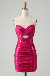 Vestido de fiesta elegante, ajustado, fucsia, plisado, sin tirantes y con abertura en la cerradura